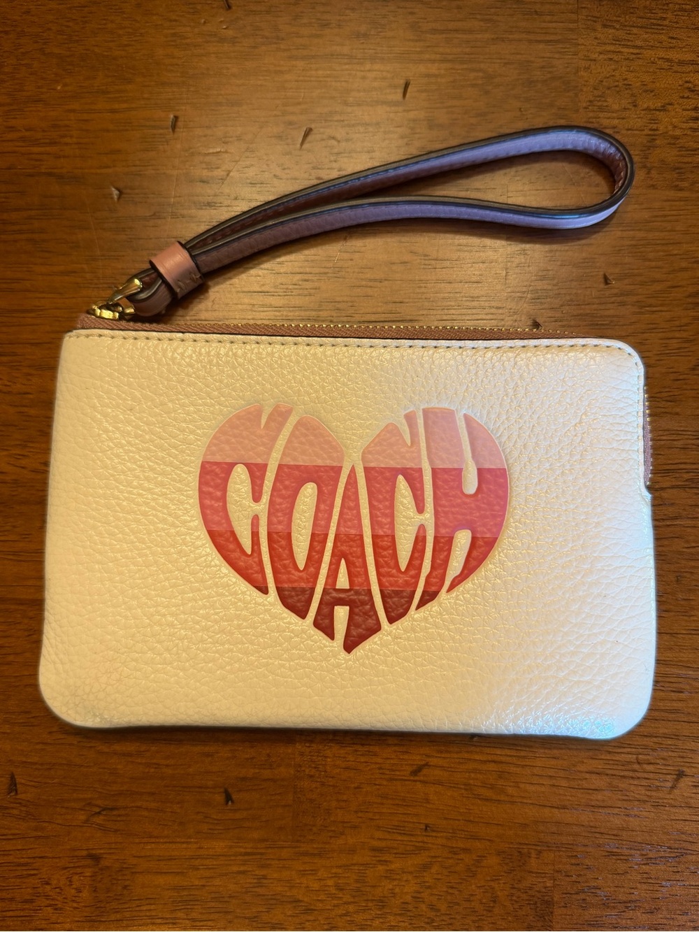 COACH White Leather Heart Logo Wristlet - Pink Ombré Heart Quarter Zip
